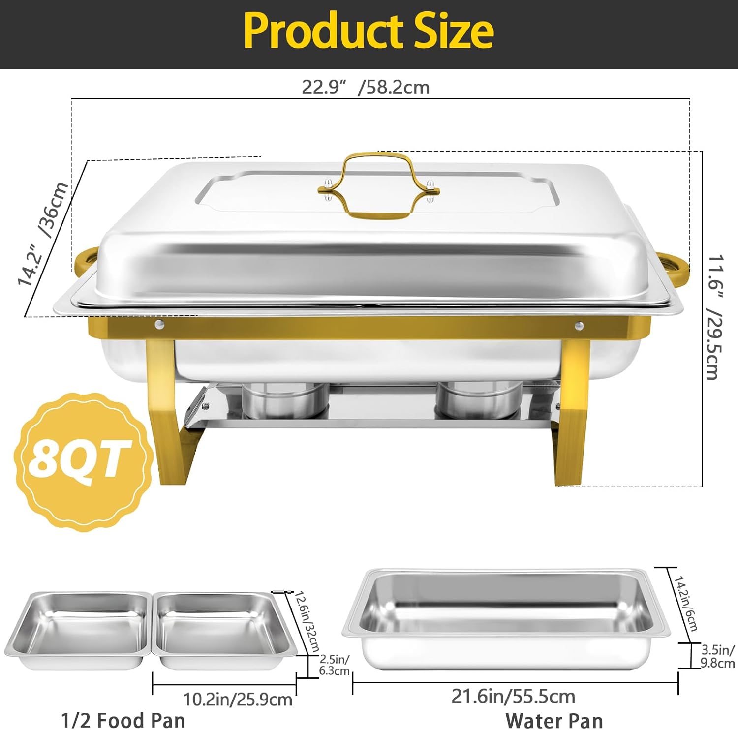 4 Pack Chafing Dish Buffet Set, Gold Chafing Dish Set 8QT Stainless Steel Rectangular Chafers and Buffet Warmer Sets for Catering, with 1/2 Size pan for Event Party Holiday