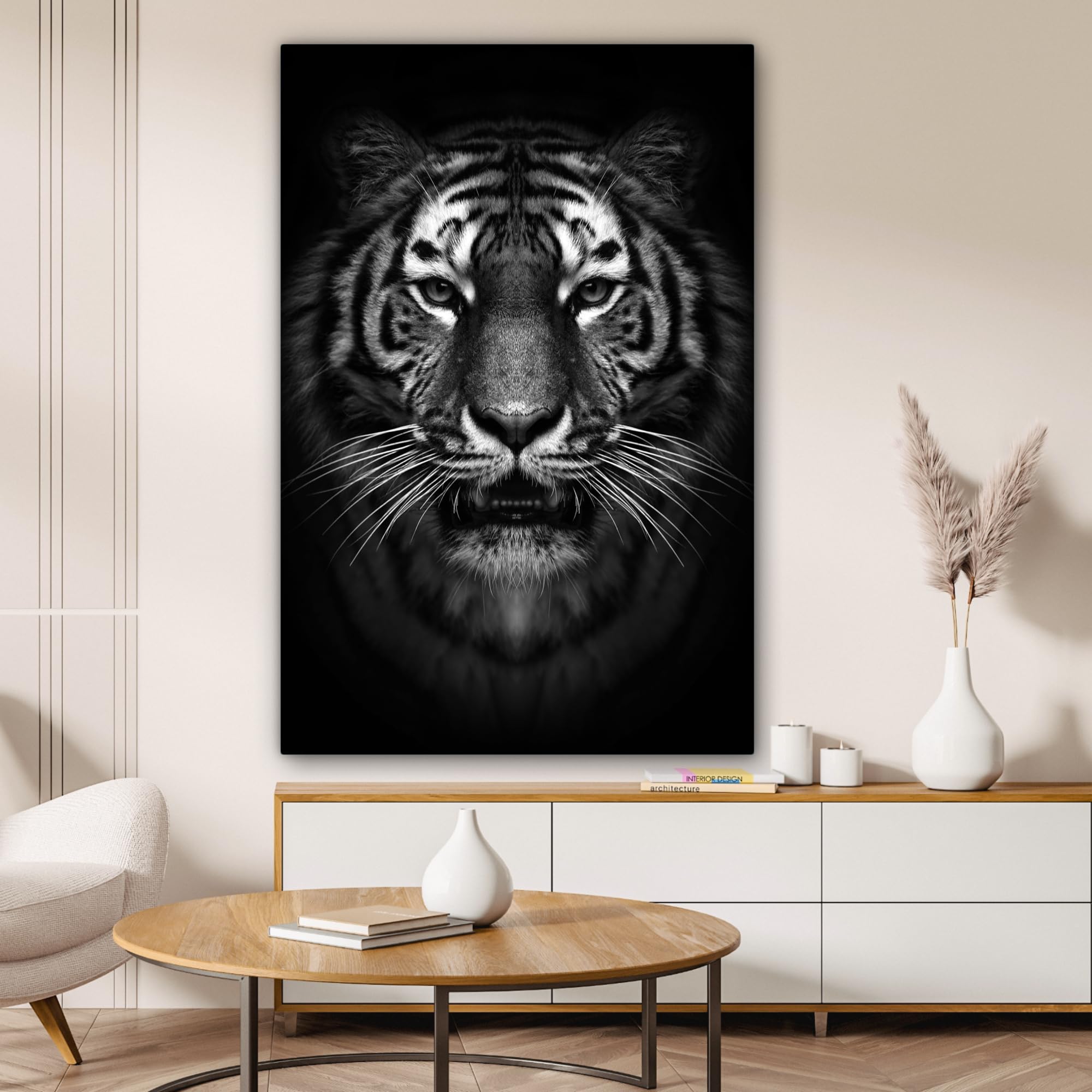 MuchoWow© Quadro su Tela Stampe da Parete Quadri Cucina Camera da Letto | 80x120 cm - Dipinto Arredamento Casa Tigre - Animali - Nero - Bianco - Ritratto - Animali selvatici