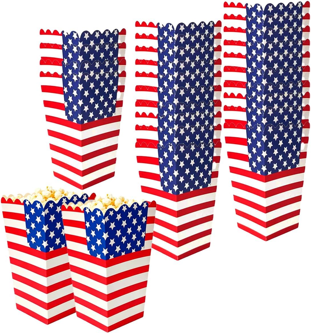 24Pcs Patriotic Boxes Red White Blue Star Stripes American Flag Paper Containers for 4th of July Independence Day Memorial Day Labor Day Party Supplies