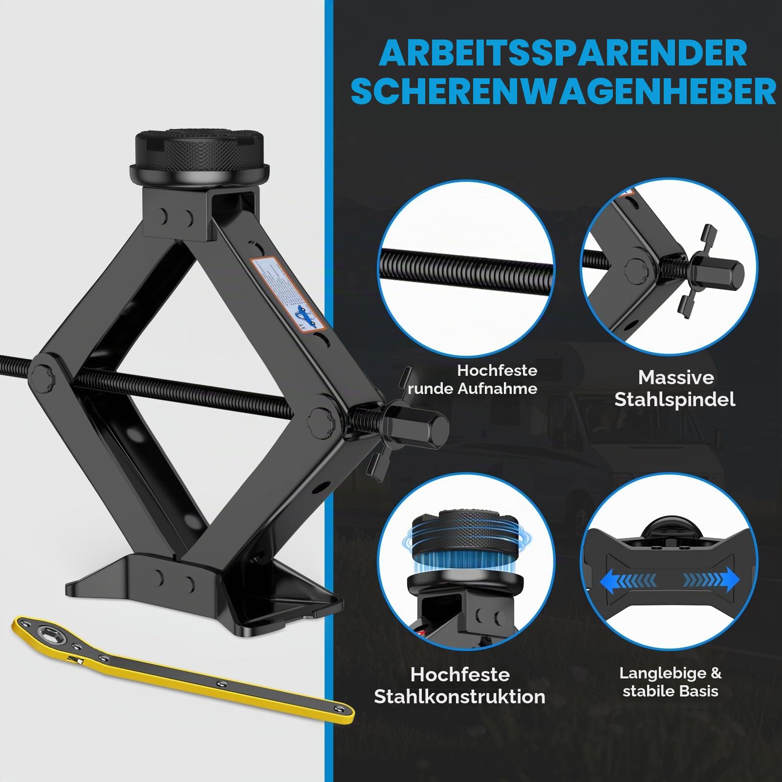Scherenwagenheber 3t mit Ratsche & Gummiauflage Kratzfest, Inkl. Praktischer Tragetasche– Robuster Wagenheber aus Verstärktem Stahl, Geeignet für Alle PKW, SUV & MPV, Reifenwechsel-Set