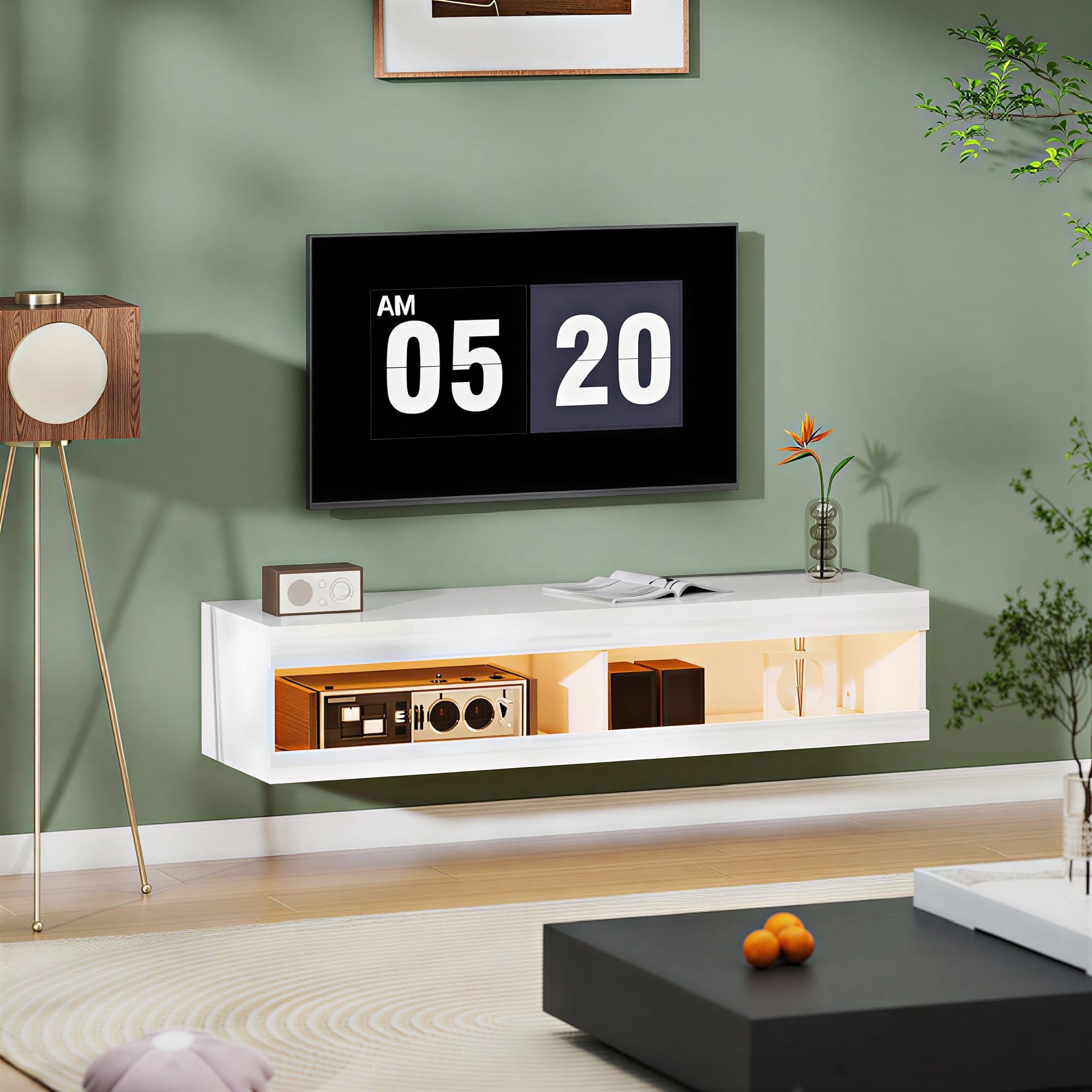 HOMCOM Mueble de TV Suspendido con Luces LED, Compartimentos y Orificios Pasacables, Mueble de TV para Salón con Control Remoto para Televisión 55-60 Pulgadas, 140x40x30 cm, Blanco Brillo