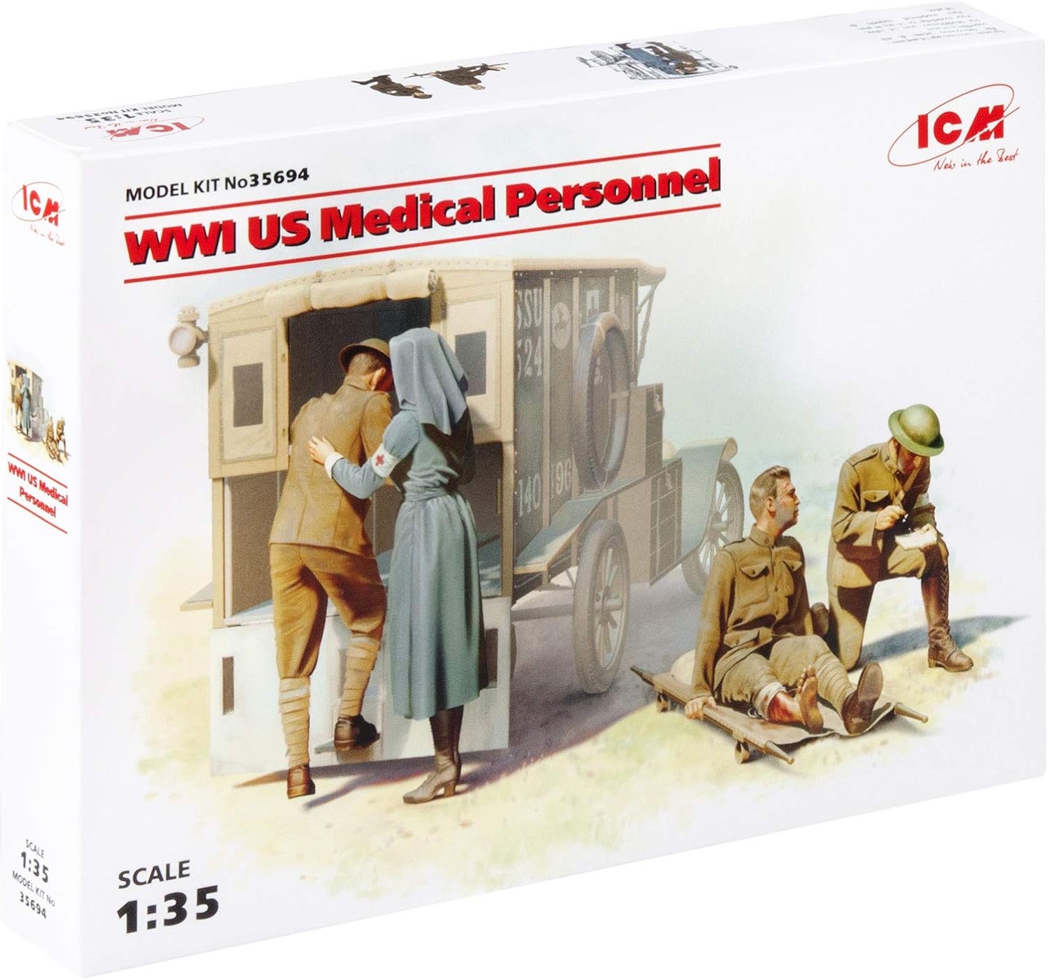 ICM 35694 Plastic Military Figure Models WWI US Medical Personnel (4 Figures) - Scale 1:35