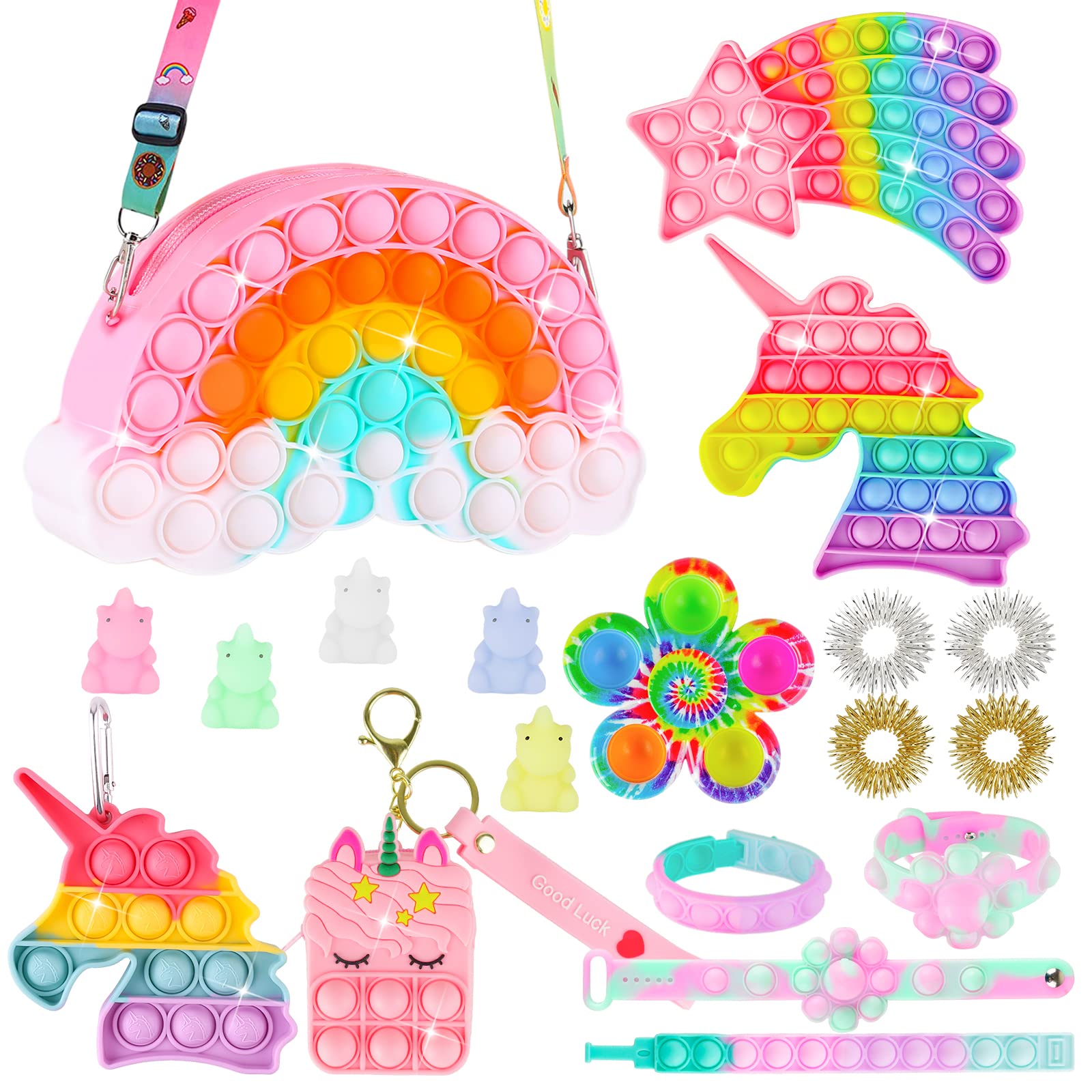 Pop Purse Popper Fidget Pack Toy, Bubble Rainbow Cloud Unicorn Push Bag