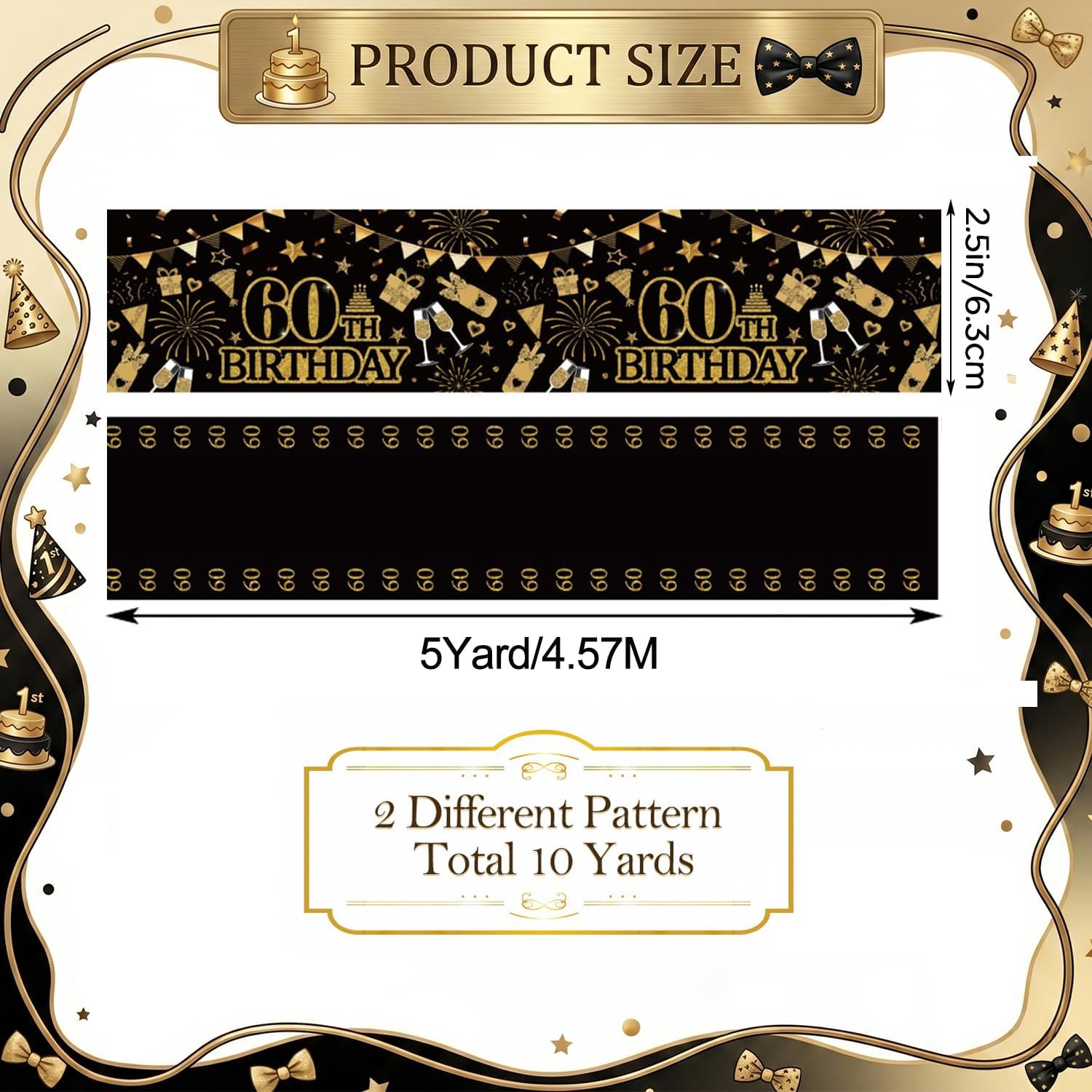 60th Birthday Wired Edge Ribbon, 2.5Inch x 10 Yard Black Gold Decorative Ribbon, 60th Birthday Ribbon for Gift Wrapping, Party Decor, DIY Crafts, Celebration, Anniversary Party Supplies image 3