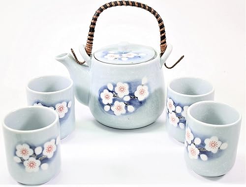 Infusor de tetera y tetsubin de cerámica japonesa de flor de primavera azul de 6 pulgadas con mango de ratán juego de té