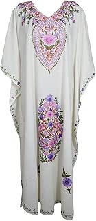 Indiatrendzs Womens Womens White Floral Long Kaftan Hand Embroidered Kaftan Casual Resort Dress 3X