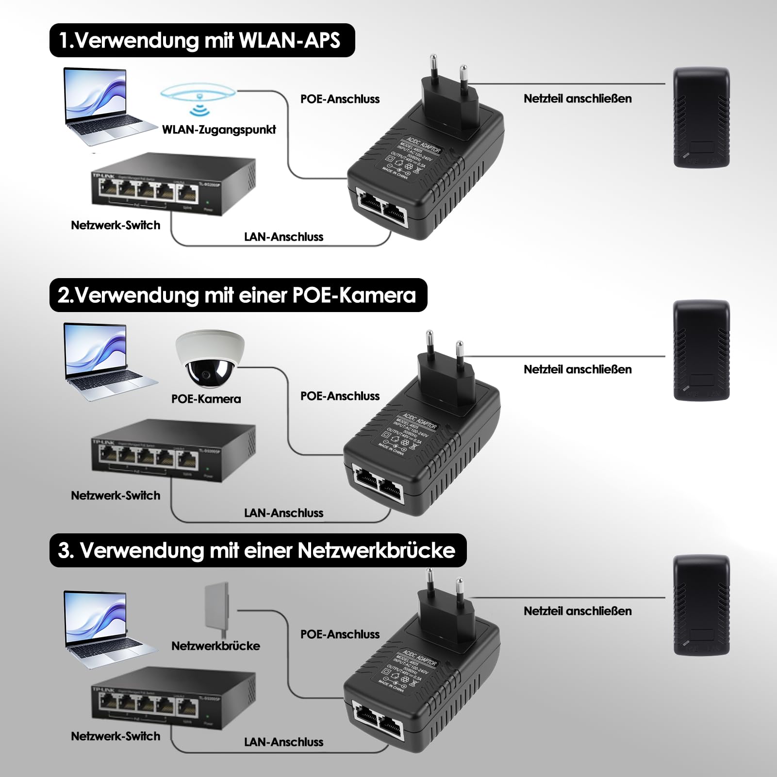 POE Injector 48 V 0,5 A, alimentatore passivo POE Injector Ethernet con spina a parete, adatto per telefoni IP Voip, fotocamere, AP e altro (UE)