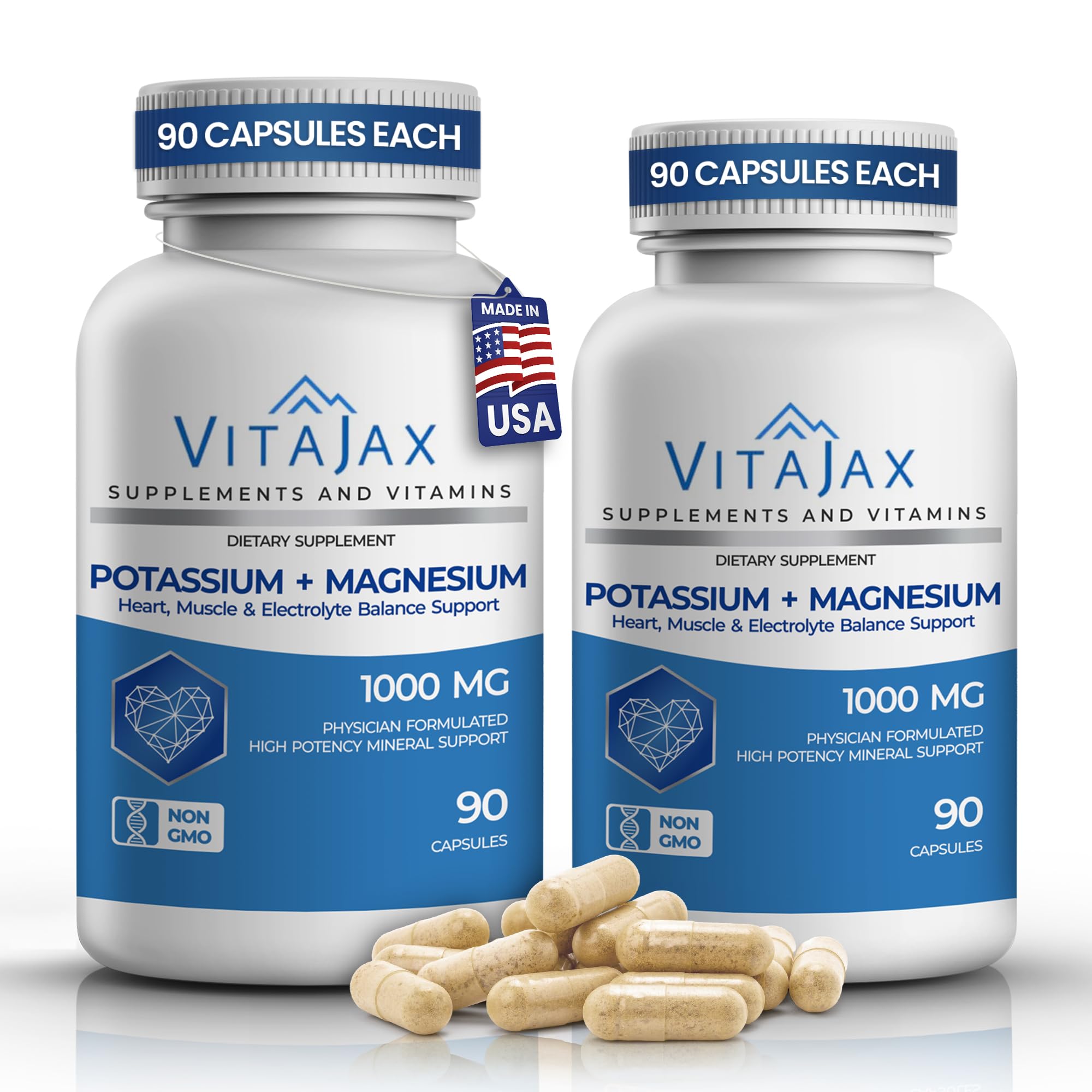 Potassium Magnesium Supplement 1000mg | 180 Capsules | Magnesium and Potassium Supplement for Heart, Leg Cramp, Muscle & Electrolyte Balance Support | Gluten Free, Non-GMO | 6-Month Supply 90 Count (Pack of 2)