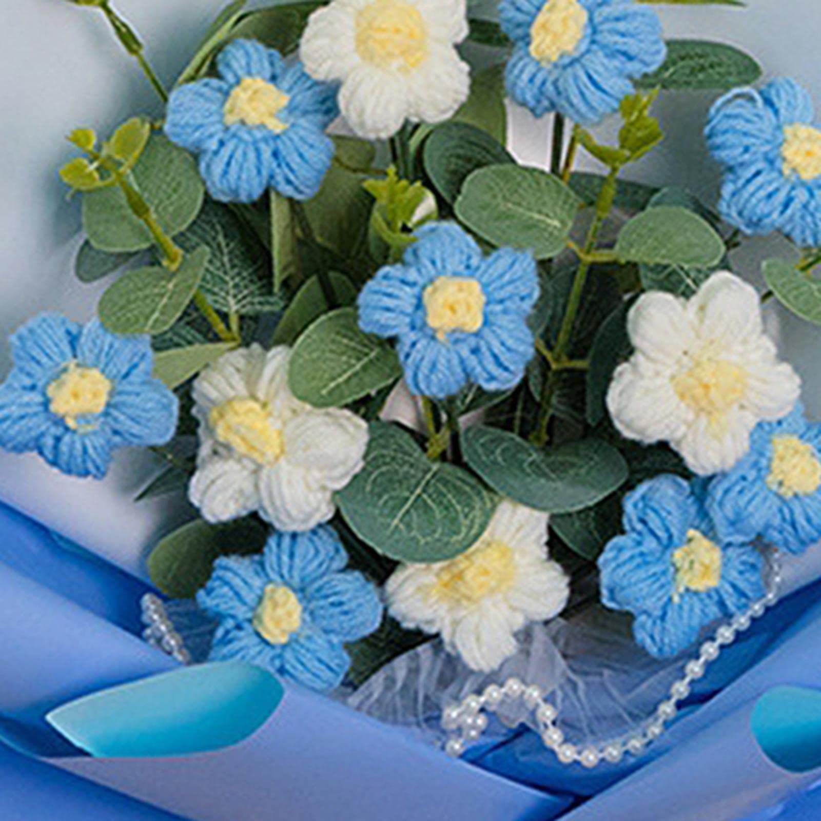 Gehäkelte Blumen Inkalilien Blau - Blumenstrauß 35x30x13cm Aus Seidenstoff