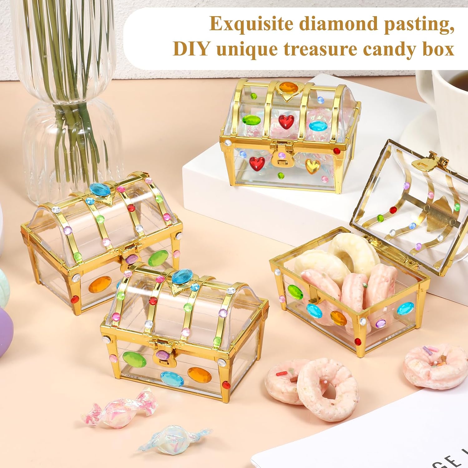 Prasacco 24 Pcs Treasure Chest Candy Boxes with 2 Sheets Sticker, 3.15x2.56x2.36 Inches Vintage Wedding Candy Boxes Clear Plastic Treasure Chest Party Favor Box for Birthdays, Weddings, Baby Showers image 5