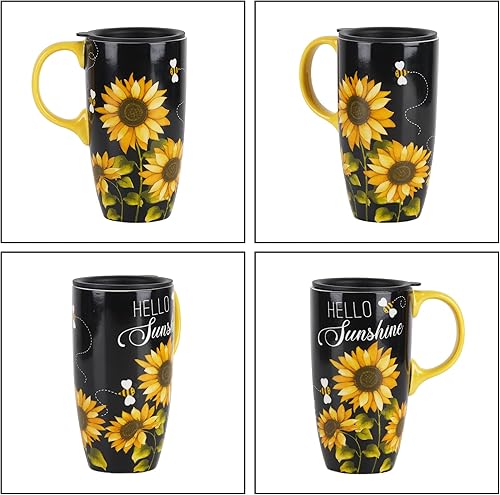 Miniatura 7 de Topadorn Taza de viaje de cerámica con diseño de girasol con tapa y caja de regalo a juego, taza de café con leche, 17 onzas. Hola, sol