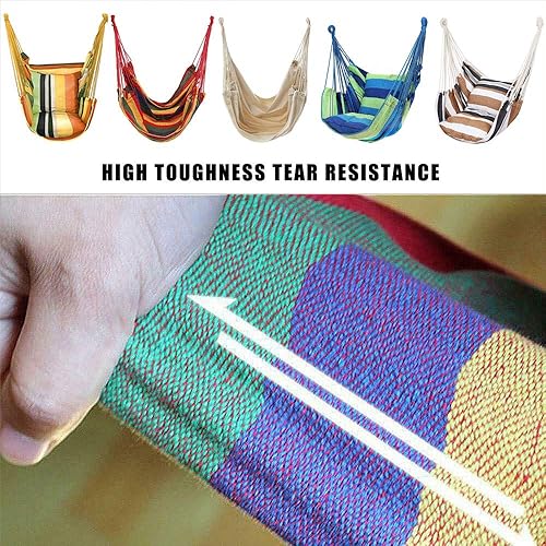 Miniatura 5 de Silla hamaca colgante de cuerda para interiores y exteriores, hamaca de tejido de algodón resistente, hamaca colgante de máximo 300 libras (poste y
