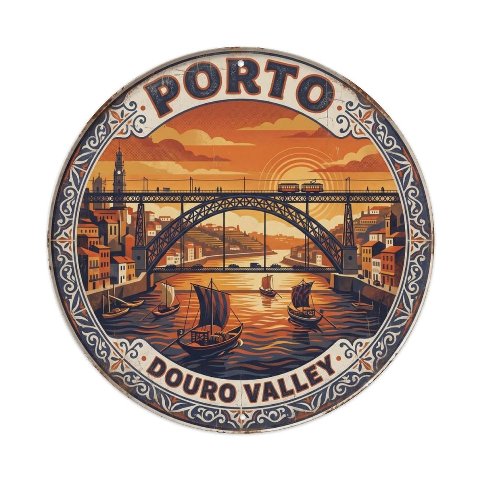 Vintage Travel Porto Portugal Bridge Metal Tin Sign Plaque Wall Decor for Cafe, Club Bar, Office, Home Garden Round Metal Poster 8x8Inch