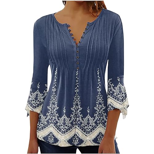 Bohemian Tops for Women Trendy 2023 Sexy Elegant t-Shirt Boho Floral Print 3/4 Bell Sleeve v Neck Shirts Blouse