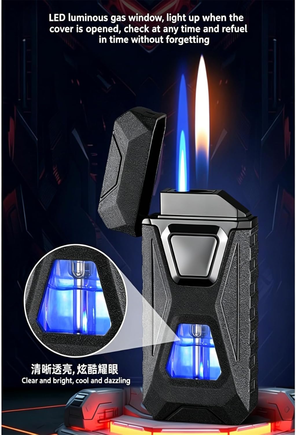 Voice Activated Lighter, Voice-Activated Dual Flame Lighter (Butane Not Included), USB Rechargeable Windproof Refillable with Visible Window, 3-in-1 Smart Ignition, 4 Ignition Methods