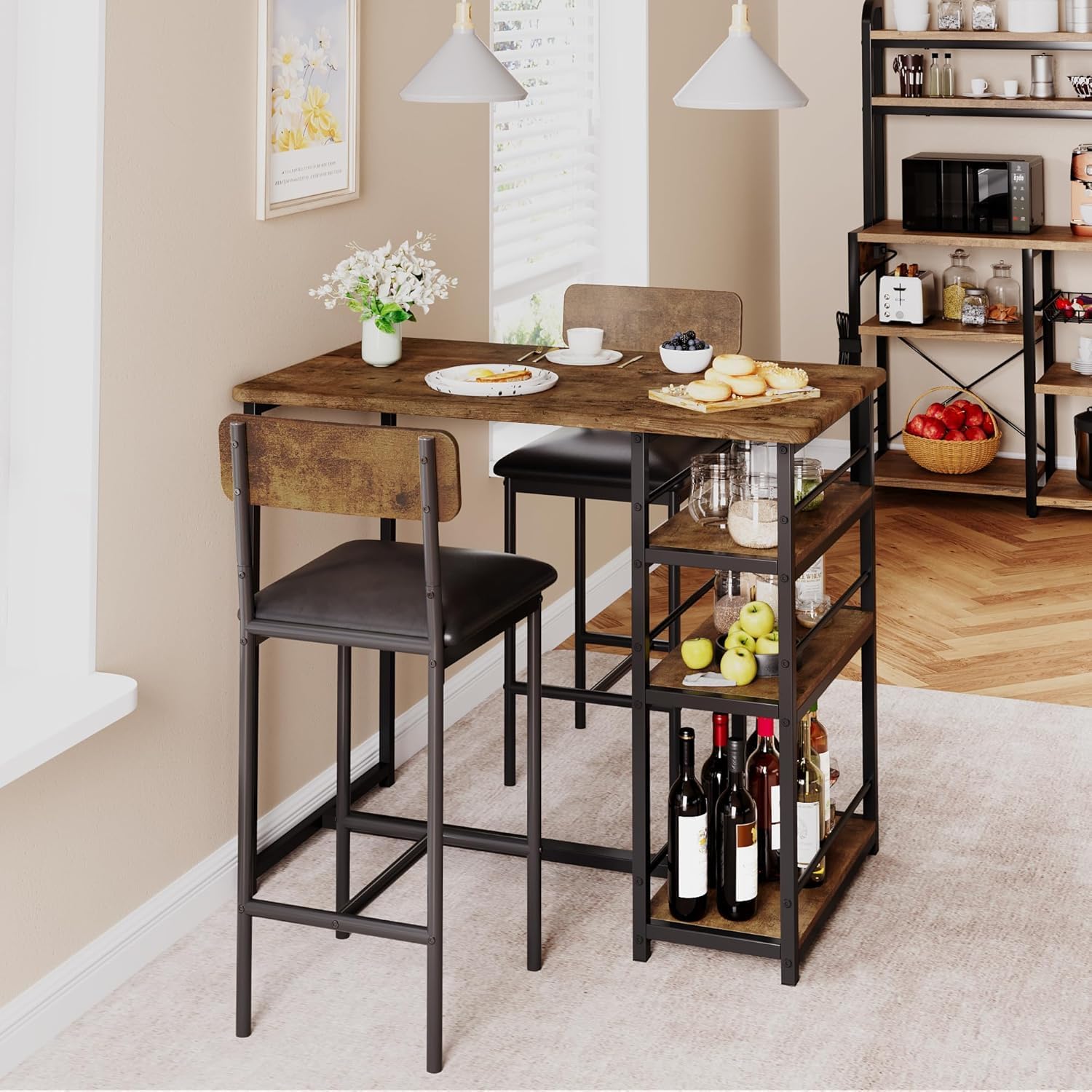Counter Height Dining Set for 2, 3-Piece Pub Table and Chairs with 3 Storage Shelves, Upholstered Bar Stools, Industrial High Top Dining Set for Small Space, Apartment, Kitchen, Breakfast Nook,Brown.