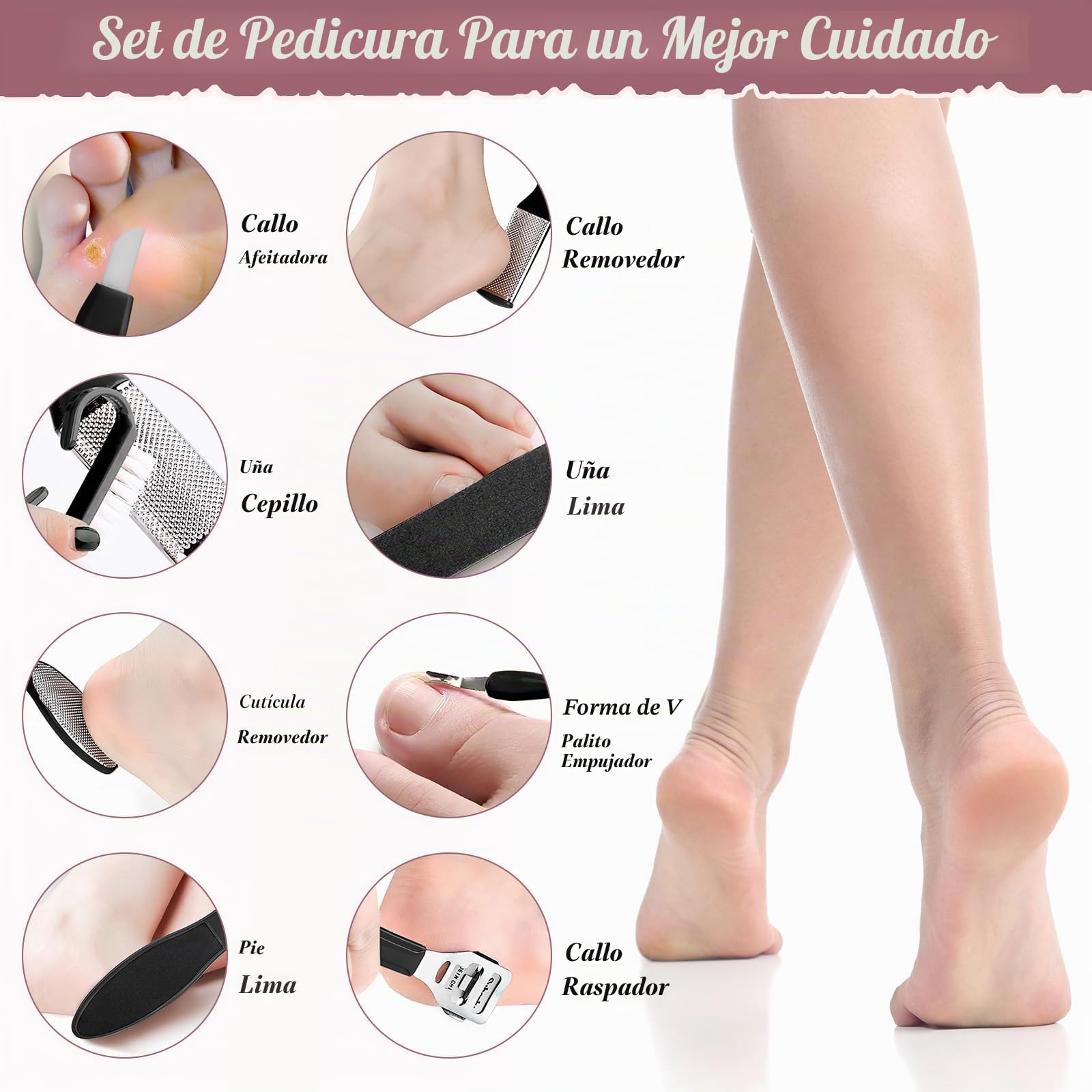 Lima Electrica Pedicura Profesional Recargable IPX7 Impermeable Eliminar Callos Pies Durezas Cuidado Lima Blanca de Metal, 3 Recambios 5 Niveles Bateria 1200MAH 2 Velocidades