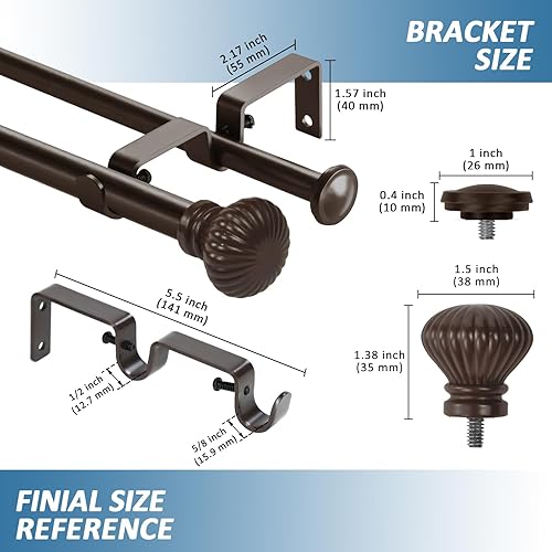 Miniatura 4 de Urbanest Juego de cortinero doble ajustable con bola acanalada, 58 pulgadas, 84 a 120 pulgadas, bronce