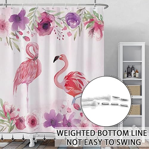 Miniatura 5 de Cortinas de ducha de flamenco rosa para baño, cortina de ducha floral de 72 pulgadas de ancho x 72 pulgadas de largo, hoja de palma verde, planta