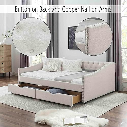 Miniatura 4 de Sofá cama matrimonial con 2 cajones, moderno sofá cama tapizado con botón en la espalda y clavos de cobre en los brazos, sofá cama, marco de cámara