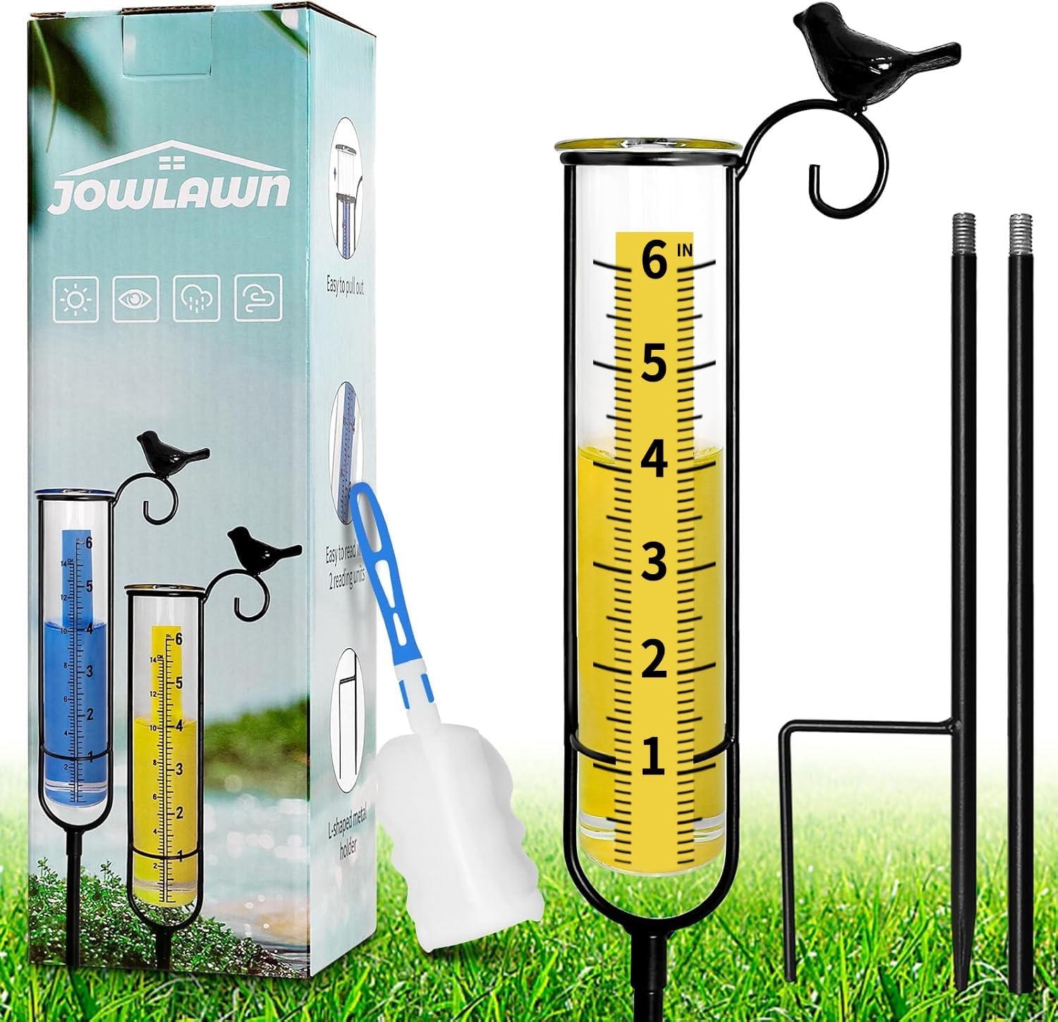 Rain Gauge, 6" Capacity Rain Gauge Outdoor Best Rated, Rain Gauges for Yard with Stake and Tube Brush, Decorative rain Measure Gauge for Lawn, Garden, Yellow