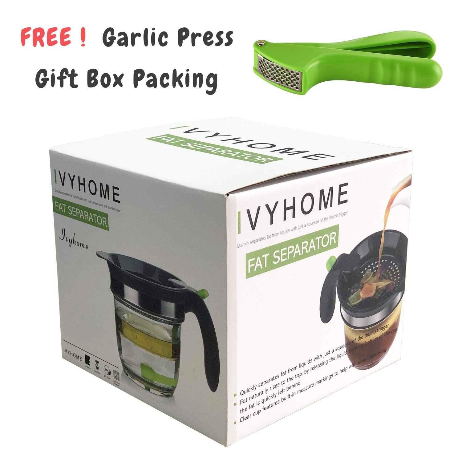 IVYONE separador de grasa de 4 tazas, resistente al calor, sin BPA | Empaquetado con una prensa de ajos, separador de salsas para cocinar, colador de aceite, taza medidora, utensilios de cocina