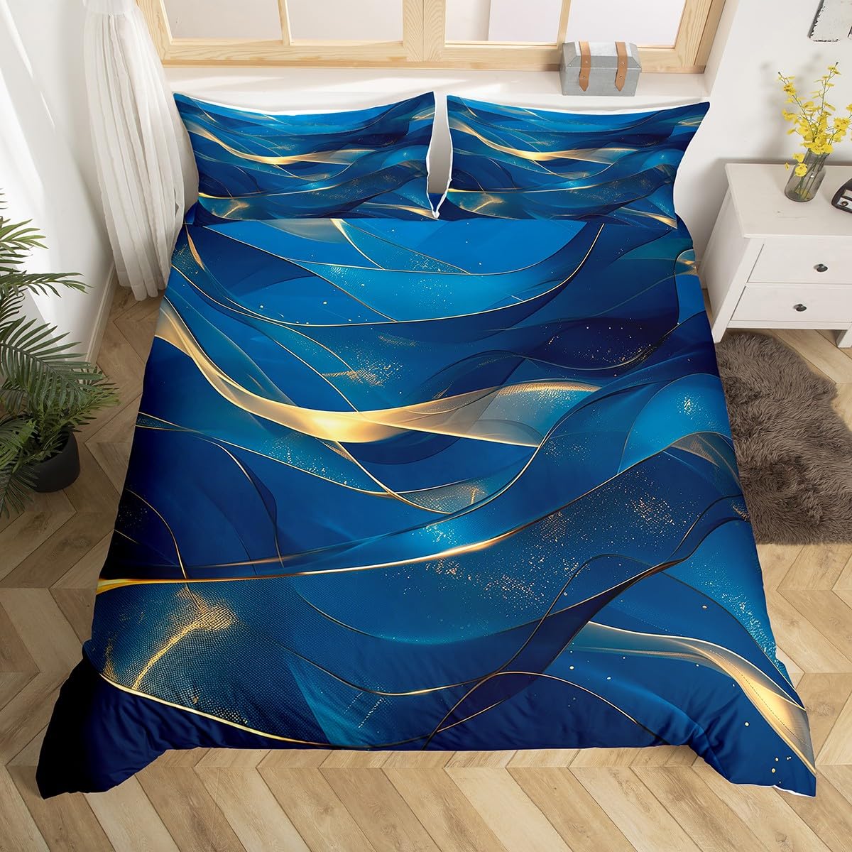 Homewish Housse de Couette 220x240 Bleu Marine et Or, Parure de Lit Enfant Adulte Imprimée Esthétique Abstraite du Marbre, Sets de Housses de Couettes Abstrait Aquarelle Couvre Lit Moderne