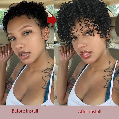 Miniatura 2 de Oseti Pieza de pelo corto negro afro rizado rizado para mujer, piezas de cabello sintético con clip para mujeres con cabello fino, pelucas negras