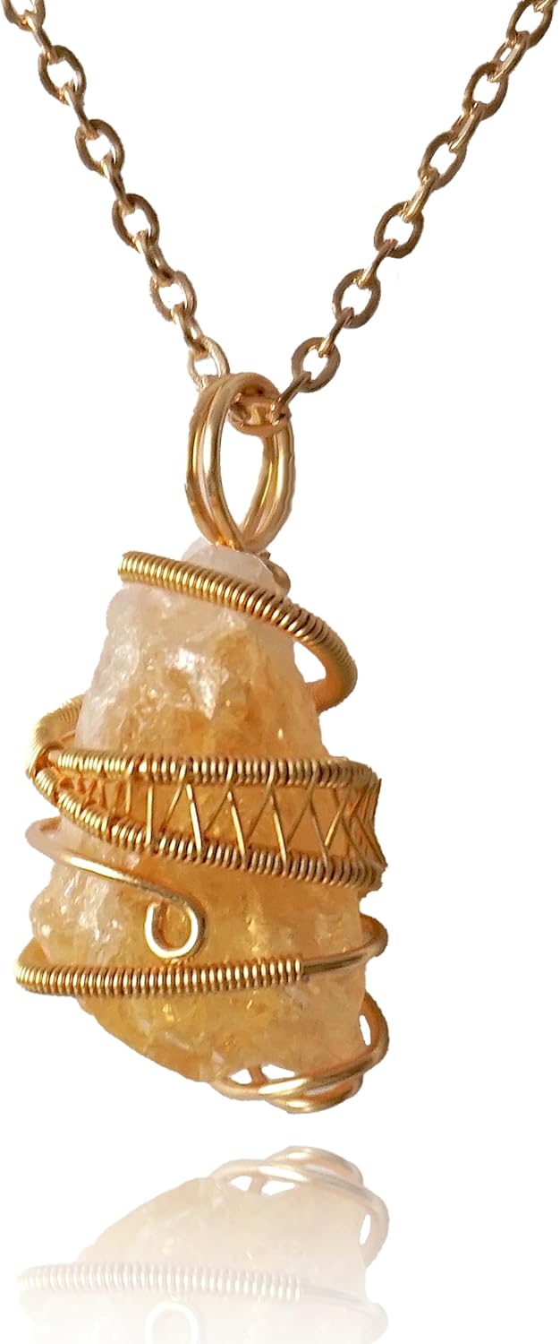Designs by Nature Gems NEW Genuine Raw Citrine Necklace, Handmade Yellow Citrine Pendant, Wire Wrapped Gold Plated, Comes with a 24 Inch Chain Gold Plated, Women's Necklace, November Birthstone