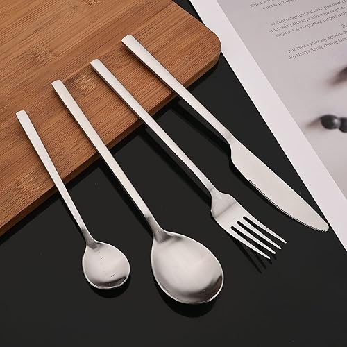 Miniatura 7 de JASHII Juego de cubiertos cepillados, juego de cubiertos de acero inoxidable de 24 piezas, servicio para 6, cuchillo mate, tenedor, cucharas,