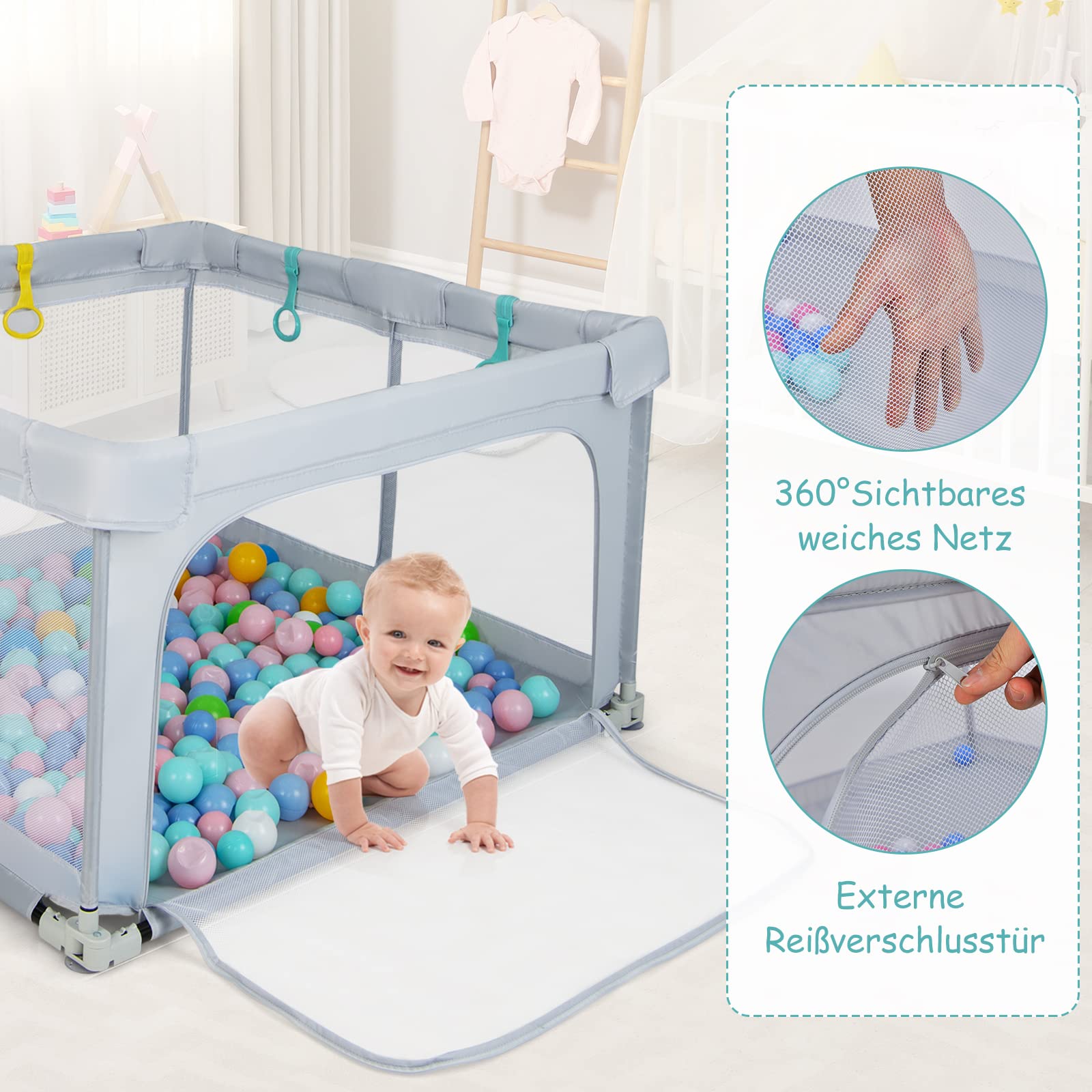 DREAMADE Laufstall Baby, 126 x 126 cm Laufgitter Klappbar mit 50 Spielbällen & 4 Zugringen, Schutzgitter mit Atmungsaktivem Netz & Reißverschluss (Hellgrau)