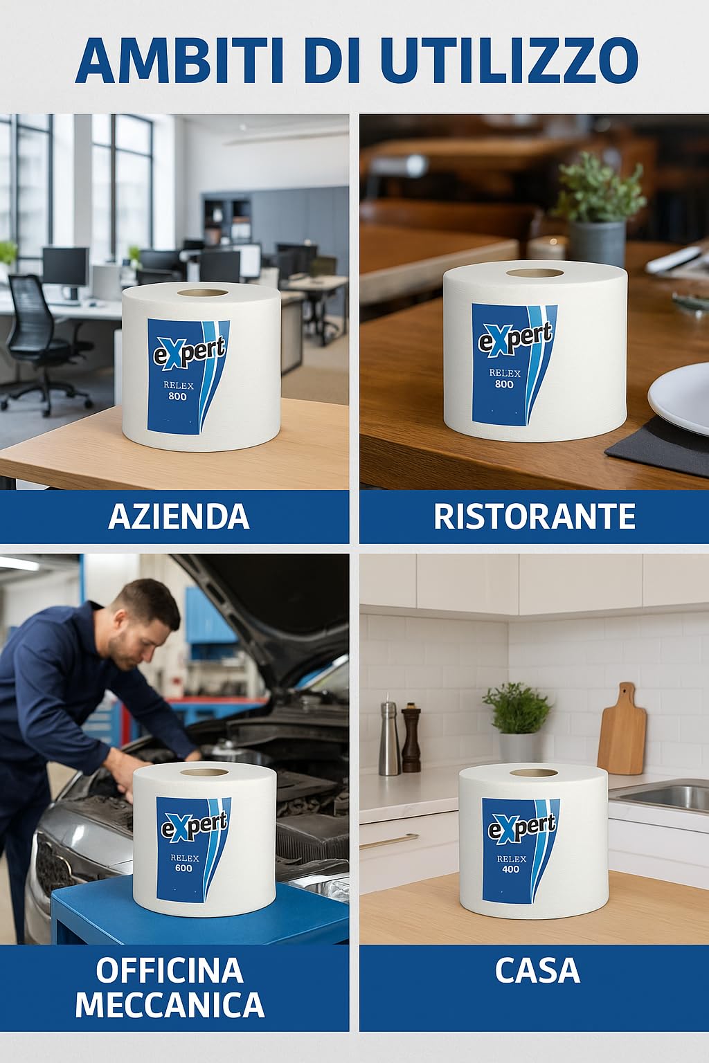 2 Rotoloni Carta Industriale Expert Reflex 800 – 2 Veli Pura Cellulosa, 395 Strappi per Rotolo, Confezione da 2 Bobine da 87 m – Asciugatutto Multiuso Bianco