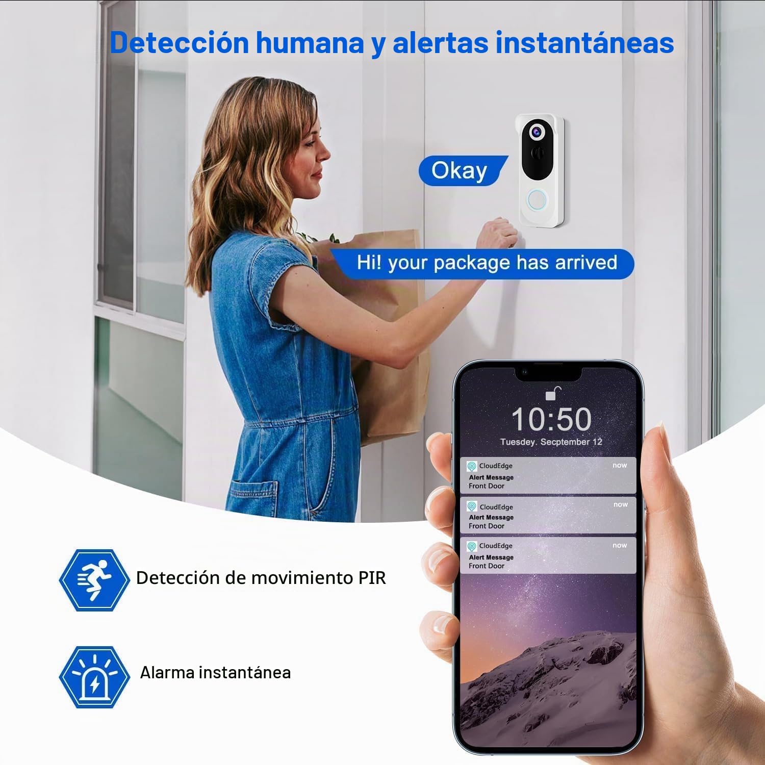 Timbre inalámbrico de video con timbre, cámara de seguridad 2K HD sin suscripción, detección de movimiento PIR, visión nocturna, audio bidireccional, funciona con batería, tarjeta SD/almacenamiento en