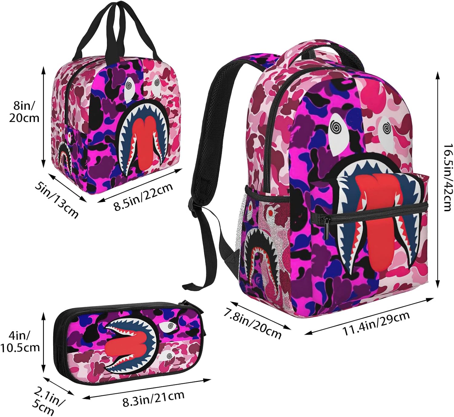 Backpack Shark Teeth Camo Backpacks Set with Lunch Box Pencil Case Travel Laptop Daypack Big Capacity Bookbag Fashion Durable Back Pack PINK - Image 4