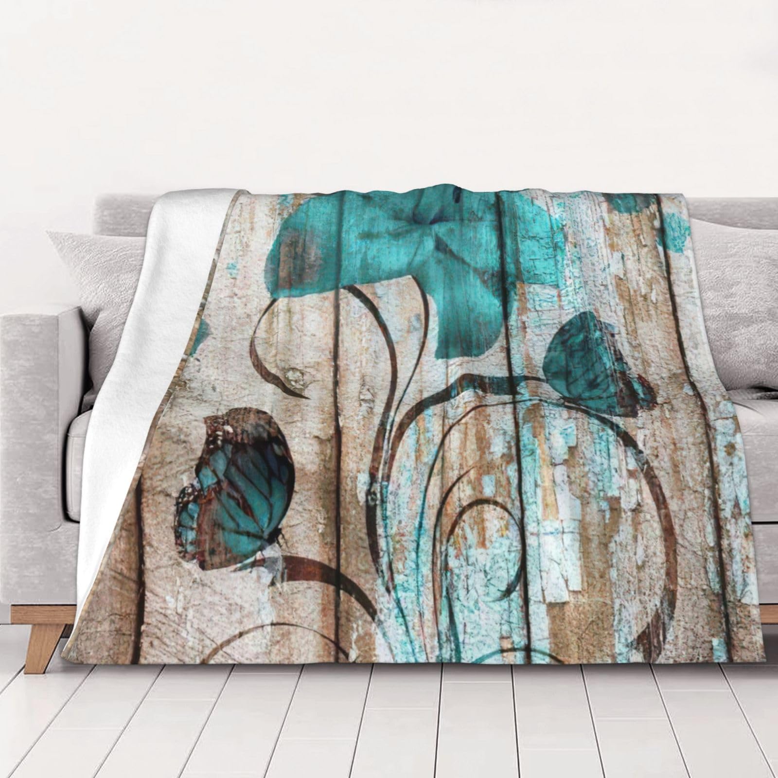 Couverture flanelle fleur bleu sarcelle pour canapé et lit toutes saisons