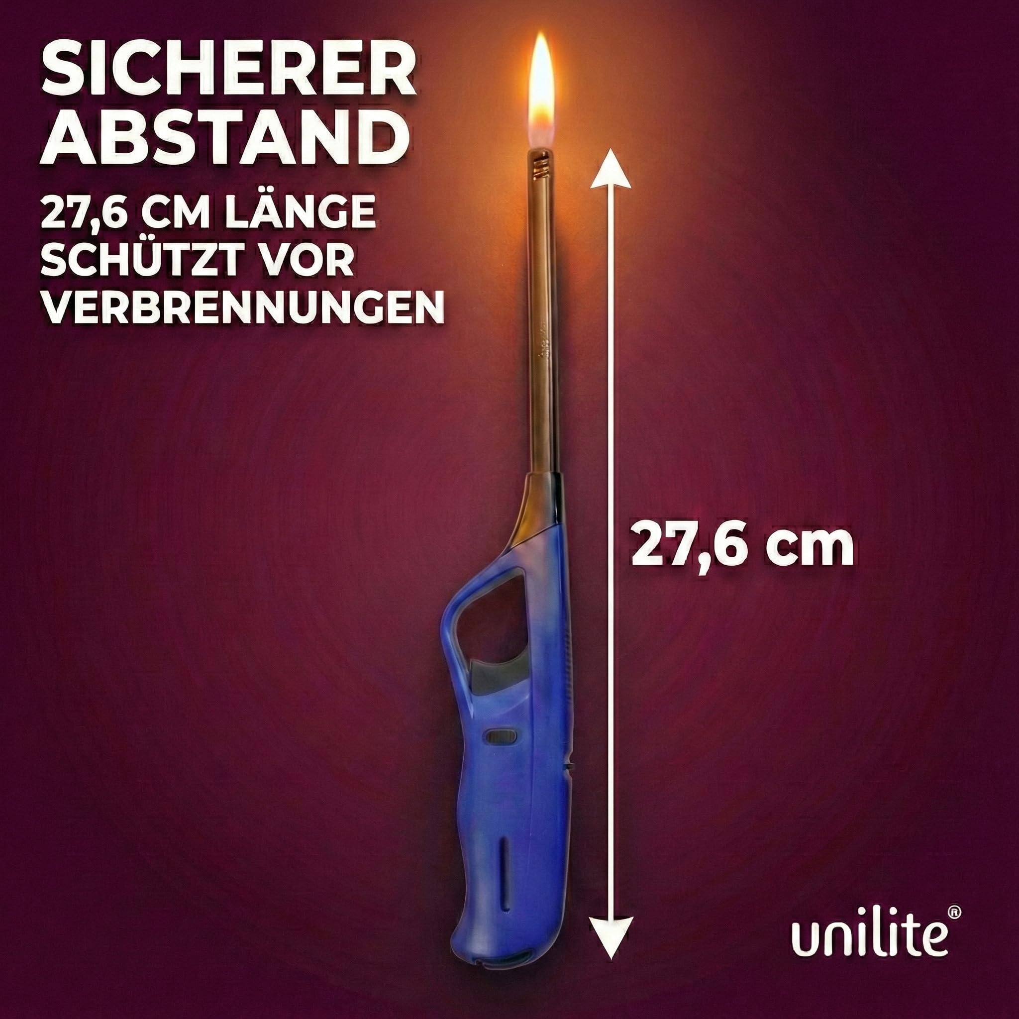 UNILITE 4 x Stabfeuerzeug mit Soft Flame – langes Feuerzeug mit Stab 27,6 cm lang – Elektronik Feuerzeuge – 4 Stück im Set schwarz weiß blau rot – Elekt-rofeuerzeuge mit Gas befüllt & nachfüllbar