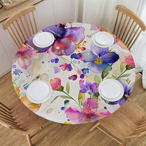 Vista 106 de Pardick Mantel redondo ajustable con diseño de flores de arte en acuarela con mantel elástico, mantel elástico redondo, impermeable, lavable, se
