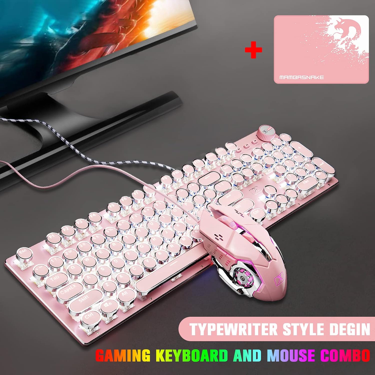 FELiCON Typewriter Pink Mechanical Gaming Keyboard and Mouse Combo White Light Retro Punk Round Keycaps Keyboard with 104 Keys Anti-Ghosting Blue Switch RGB Backlit Mouse Mice Pad for Office Work image 2