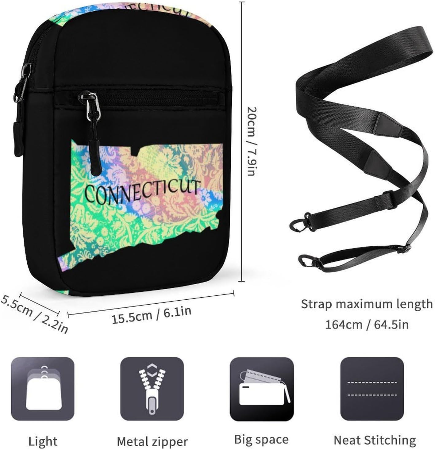 Connecticut Map Tie Dye Small Crossbody Bag Sling Shoulder Satchel | for women men,work travel workout,detachable and adjustable shoulder strap