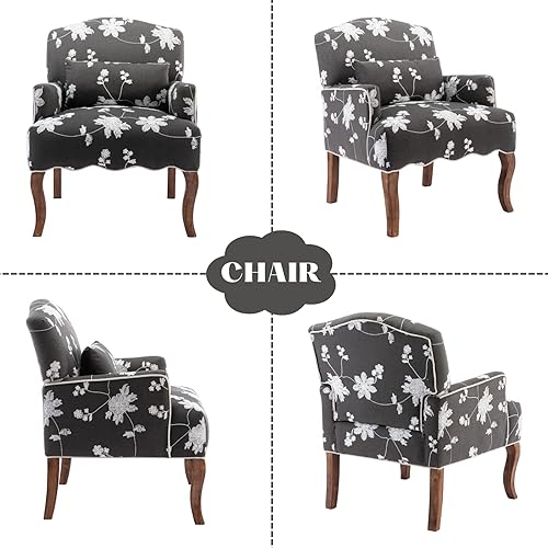 Miniatura 22 de Silla decorativa floral con brazos de tela de lino moderna con almohada extraíble, silla de lectura en esquina tapizada, cómodo sofá individual para