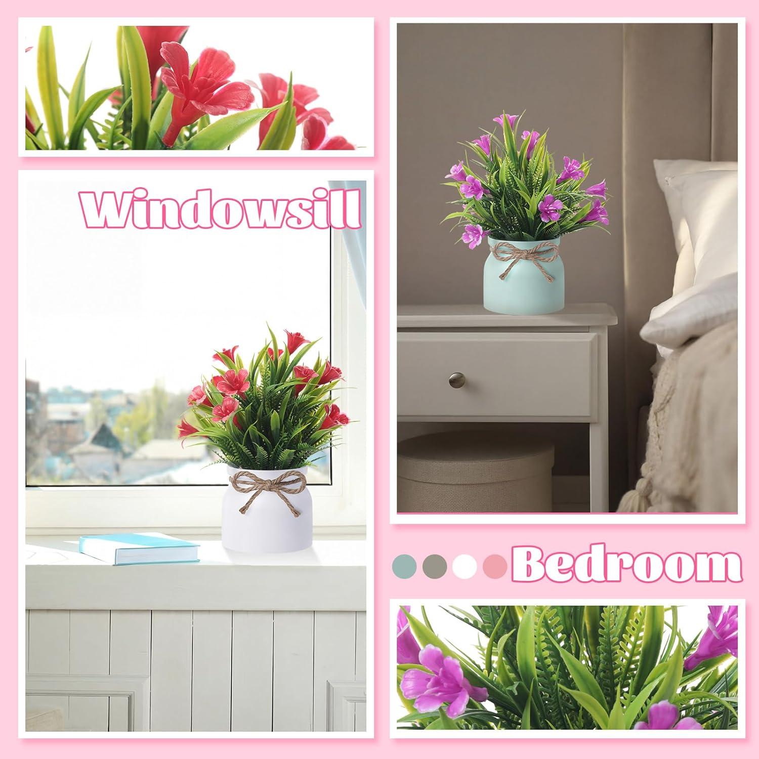 9 Pack Small Artificial Potted Flowers Spring Floral Tables Centerpieces Mini Fake Plastic Plants Flowers in Vase for Spring Indoor Home Office Desktop Decorations