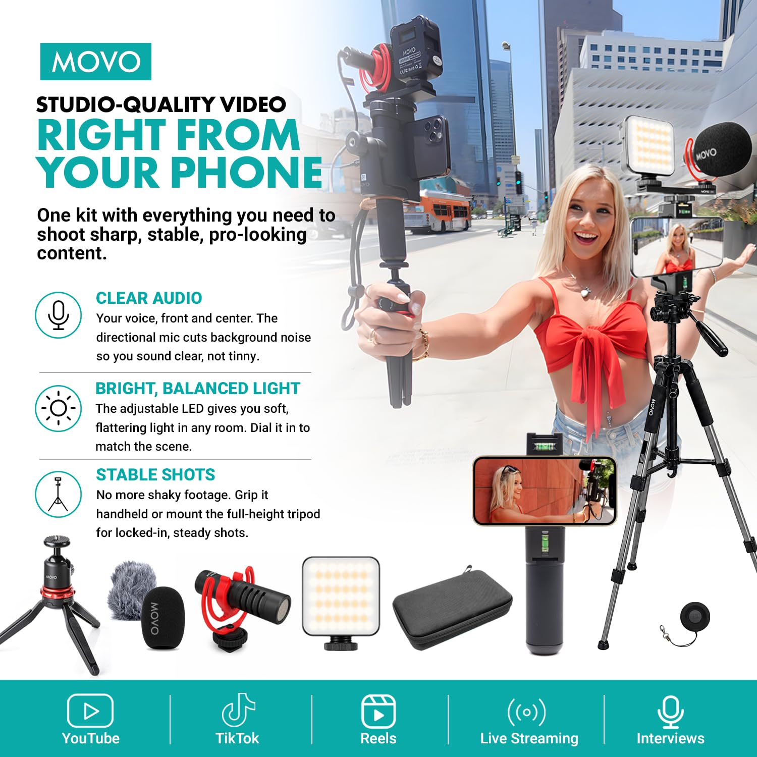 Movo iVlogger-Pro Kit de vlogging avec trépied Complet pour iPhone/Android Youtube Starter Kit pour créateurs de Contenu, Accessoires : trépied de téléphone, Support de téléphone, lumière RVB et