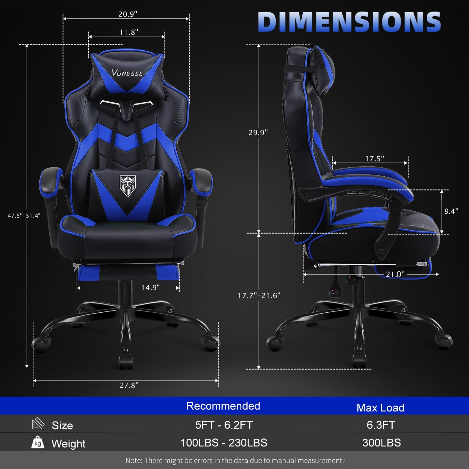 Vonesse Gaming Chair, High Back Gaming Chair with Footrest and Massage, Gaming Chairs for Adults with Pocket Spring Cushion, Big and Tall Reclining Computer Chair with Lumbar Support (): Blue/Black