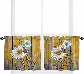 Spring Floral Daisy Window Tier Curtains 24 Inch Length, Vintage Butterfly Botanical Wooden Retro Art Rod Pocket Window Treatment Kitchen Drapes for Bedroom Cafe Living Room, 2 Panels, 27.5 W x 24 L
