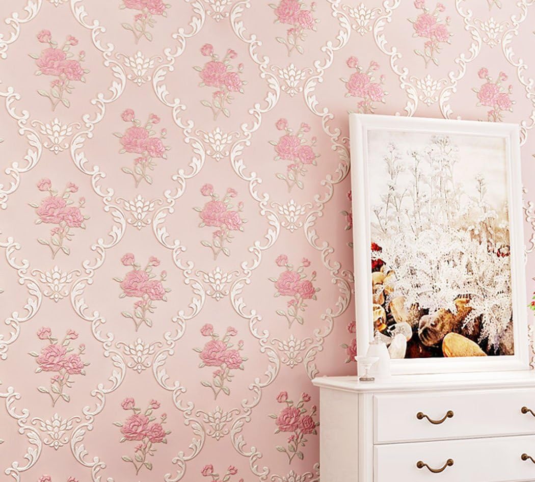 Embossed Rose Floral Contact Paper Self Adhesive Non-Woven Wallpaper Peel and Stick Wall Decor for Girls Living Room Bedroom Kitchen Bathroom Wall (Pink, 53cm x 3m)