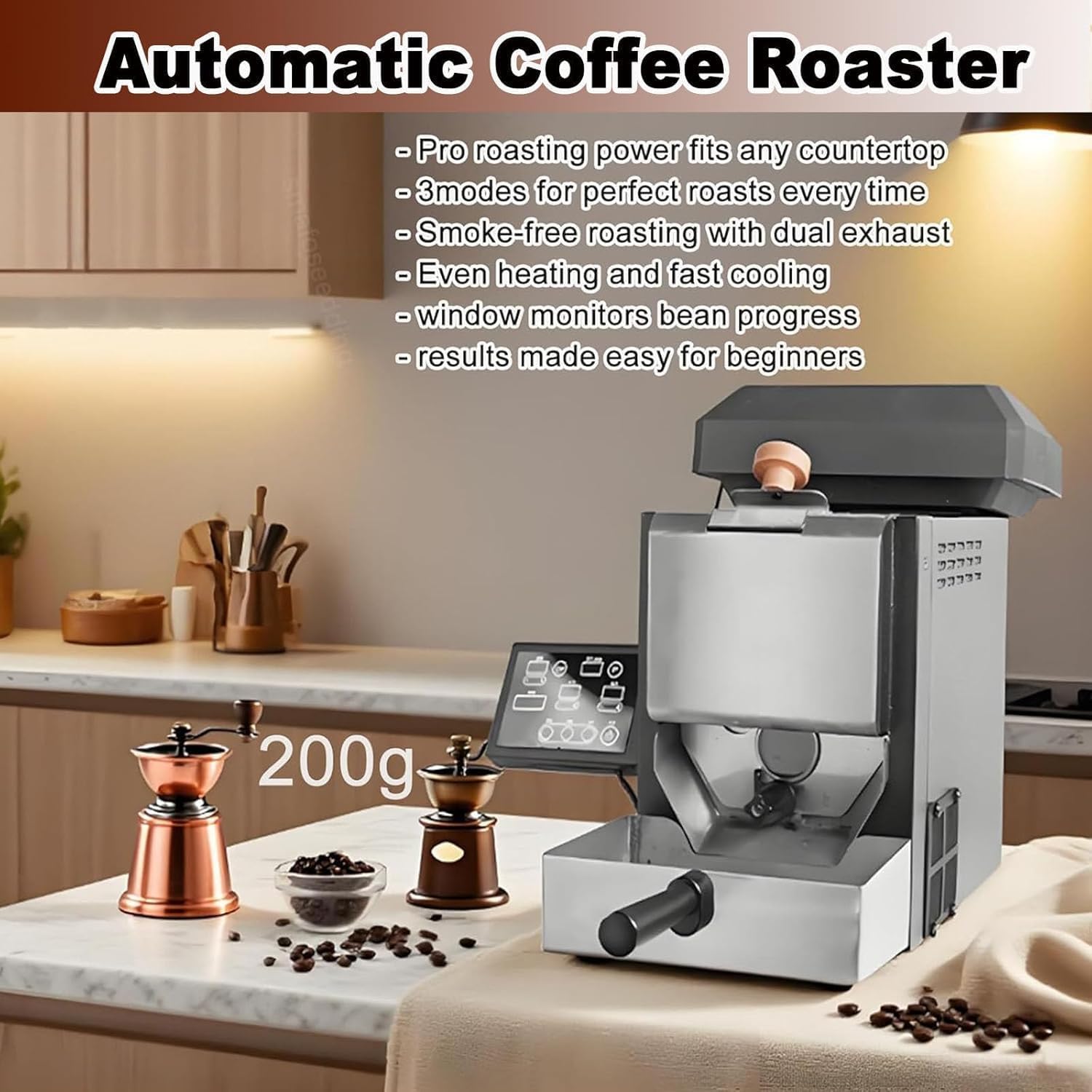 Tostadora eléctrica de granos de café con capacidad para 200 g, diseño de tambor sin humo, modos automático y manual, bandeja de enfriamiento desmontable y recolector de cáscaras.