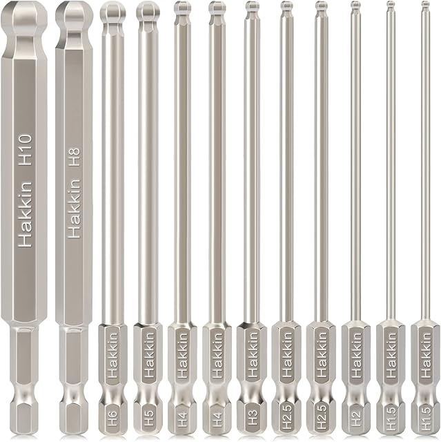 Hakkin 12Pcs Ball End Allen Key Bit Set 100mm Metric Ball End Hex Bits 1/4 Hex Shank S2 Steel Magnetic Allen Wrench Drill Bit Set H1.5-H10 Hex Key for Furniture Assembly