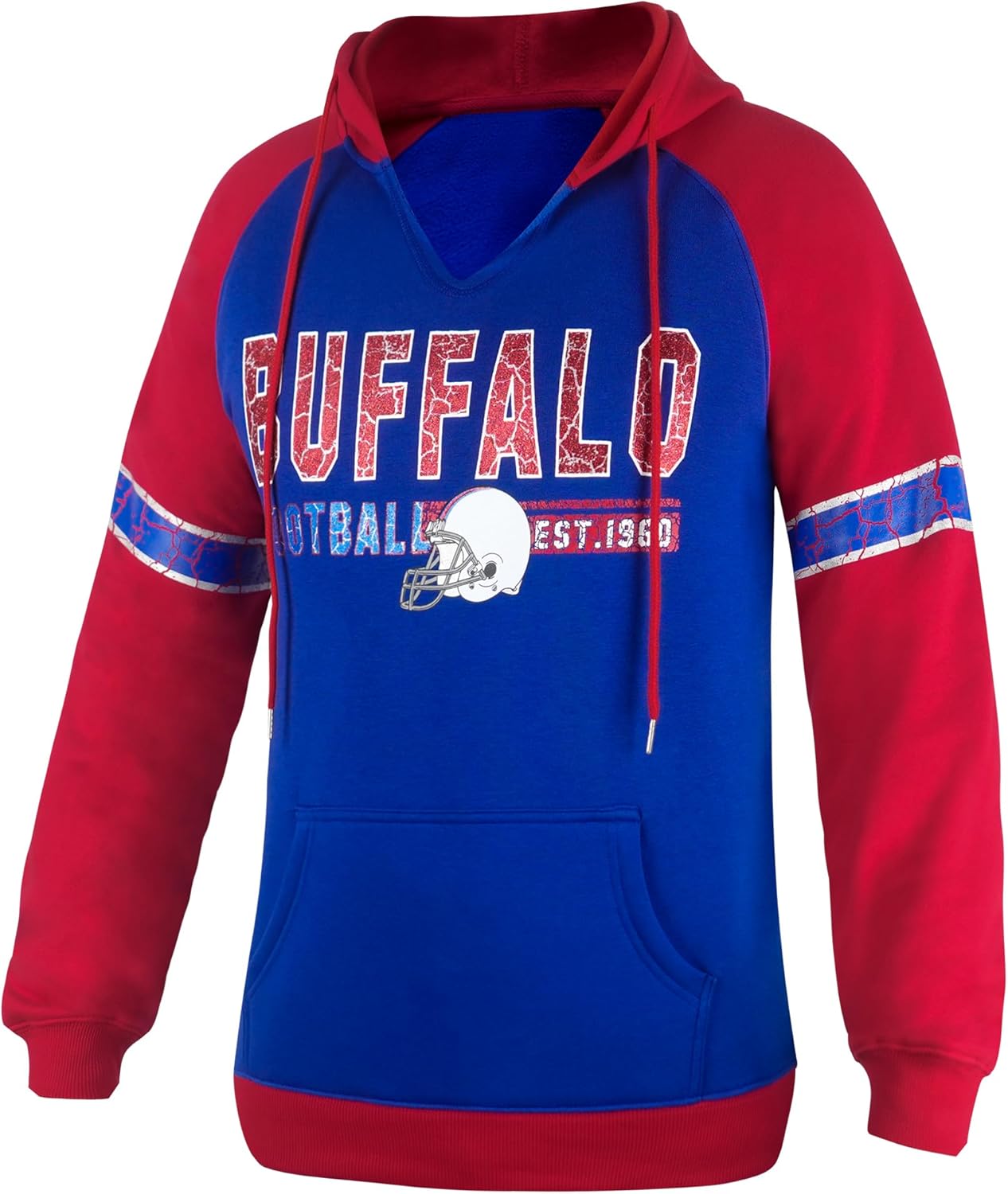 Womens Football City Fans V Neck Raglan Vintage Athletic Hoodies Pullovers Fleece Sweatshirts - Blue & Red - Image 4