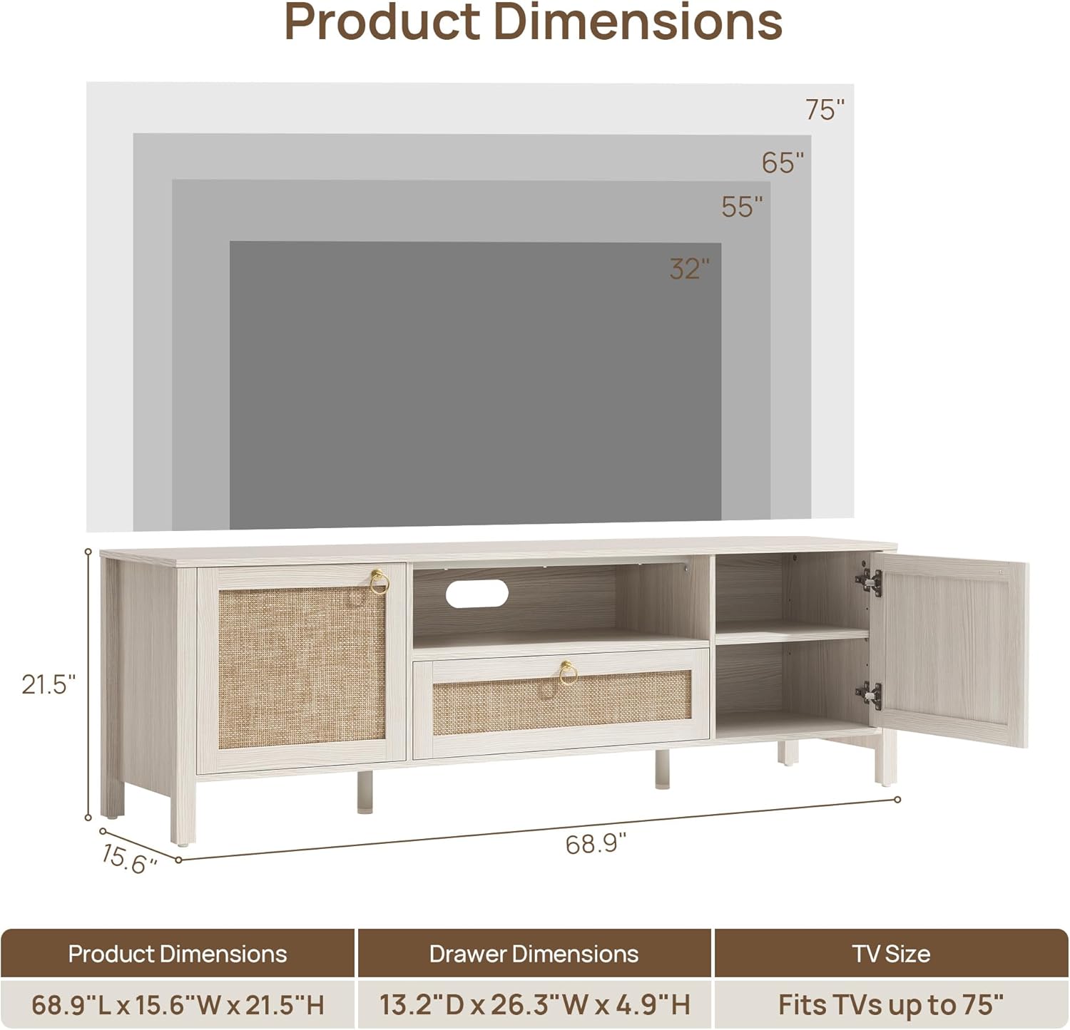 SICOTAS Rattan TV Stand for TVs up to 75 Inch, 22" Tall Entertainment Center with Drawer & Storage Cabinets, Boho Media Console Cabinet for Living Room, White