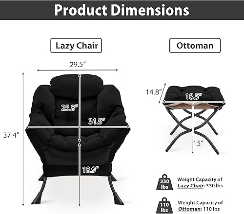 Vista 3 de Silla Lazy con otomana plegable, silla decorativa de terciopelo tapizada con estructura de metal y almohadillas antideslizantes, sillón